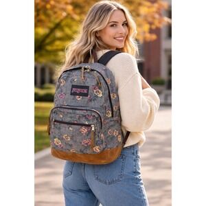 JanSport Floral Backpack Leather Suede Bottom Vintage Y2K Retro School Bag